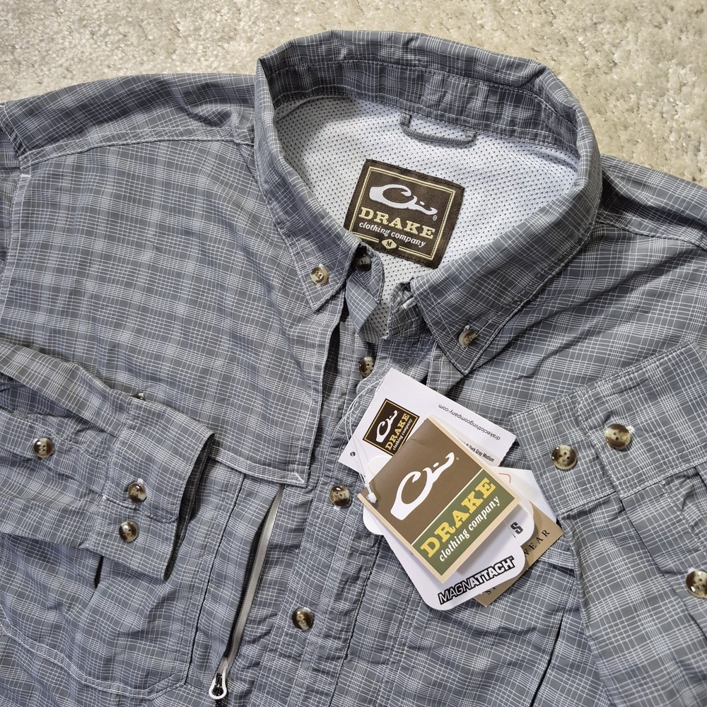 Drake Waterfowl Shirt Mens Medium Gray Plaid Vented Wingshooter Fishing Outdoor